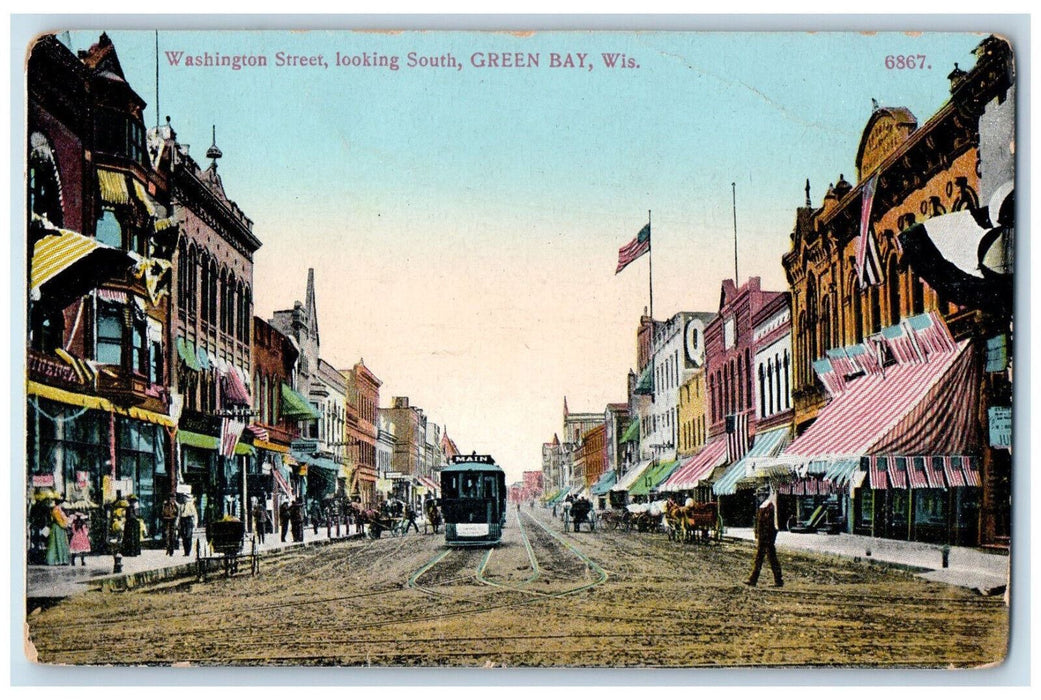 1917 Trolley, Washington Street Looking South Green Bay Wisconsin WI Postcard