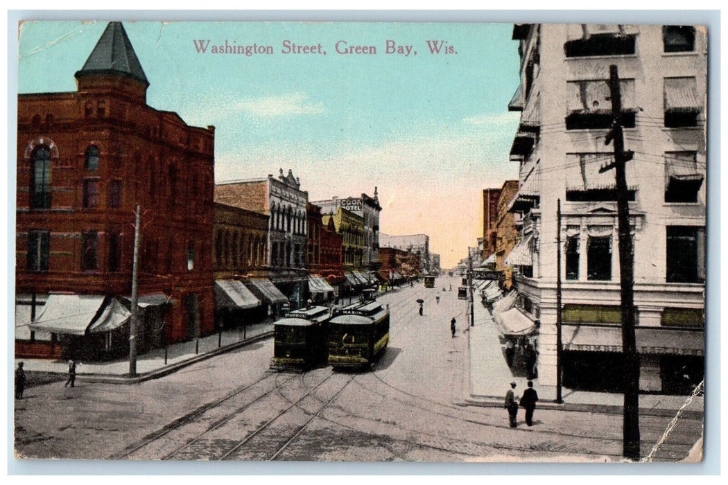 c1910 Trolley, Business Section Washington Street Green Bay WI Postcard