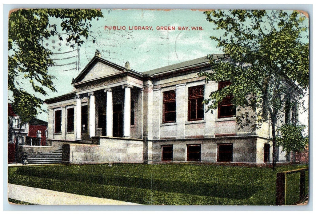 1909 Entrance to Public Library Green Bay Wisconsin WI Antique Posted Postcard