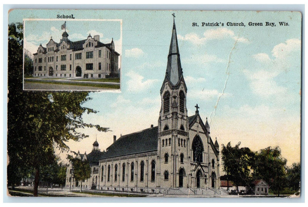 c1910 Front and Side View St. Patrick's Church Green Bay Wisconsin WI Postcard
