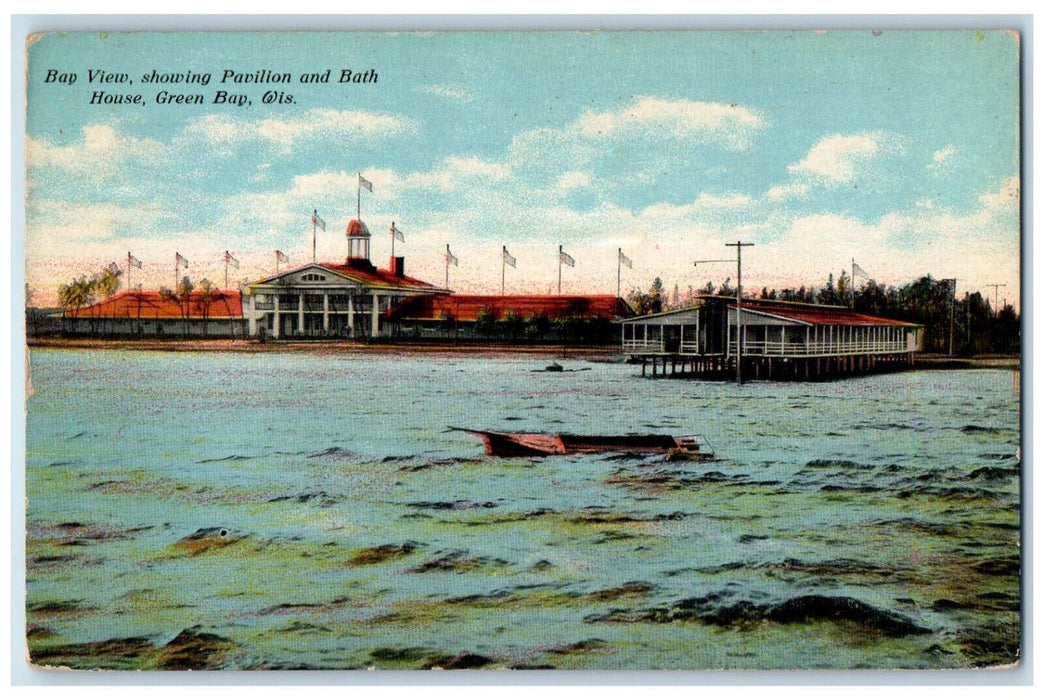 1911 Bay View, Showing Pavilion and Bath House, Green Bay Wisconsin WI Postcard