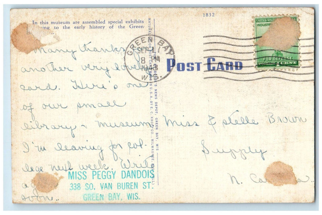 1943 Kellogg Public Library and Neville Museum Green Bay Wisconsin WI Postcard