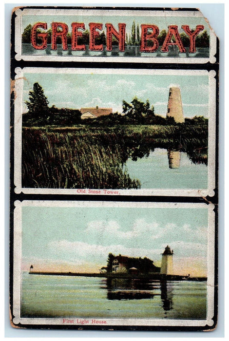 1913 Old Stone Tower, First Light House Green Bay Wisconsin WI Postcard