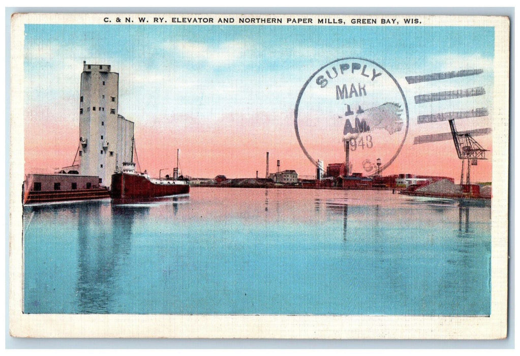 1943 C & N.W. Railway Elevator and Northern Paper Mills, Green Bay WI Postcard