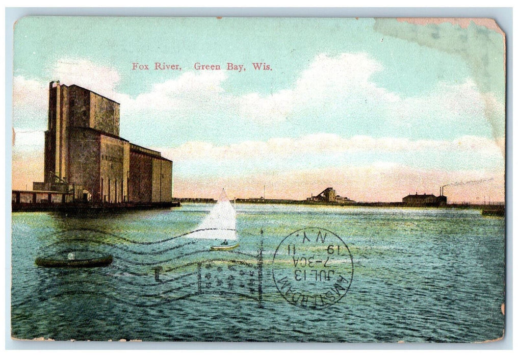 1911 Boat Canoeing, Fox River Green Bay Wisconsin WI Antique Postcard