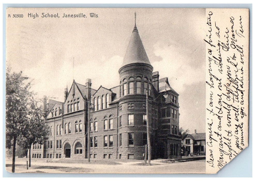 1907 High School Janesville Wisconsin WI Antique Posted Rotograph Co. Postcard