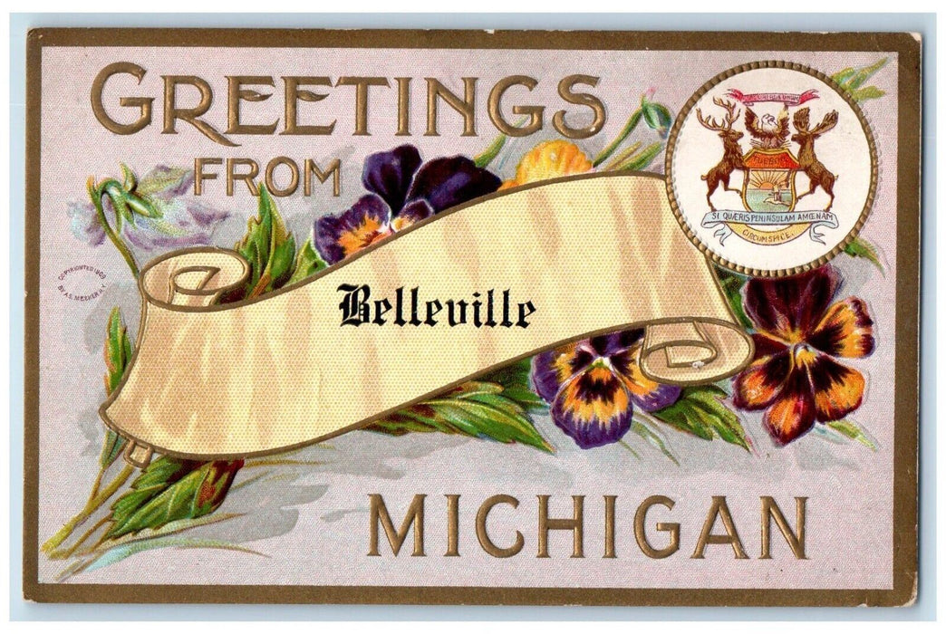 c1910 Greetings From Belleville Michigan MI Banner Crest Embossed Postcard