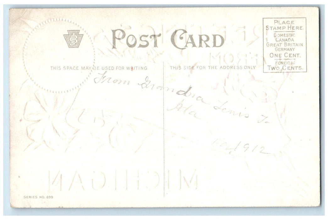 c1910 Greetings From Belleville Michigan MI Banner Crest Embossed Postcard