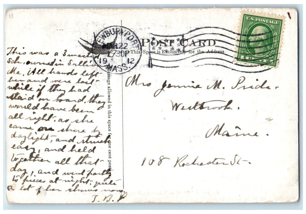 1912 Wreck Jennie Carter Salisbury Beach Steamer Boat Massachusetts Postcard