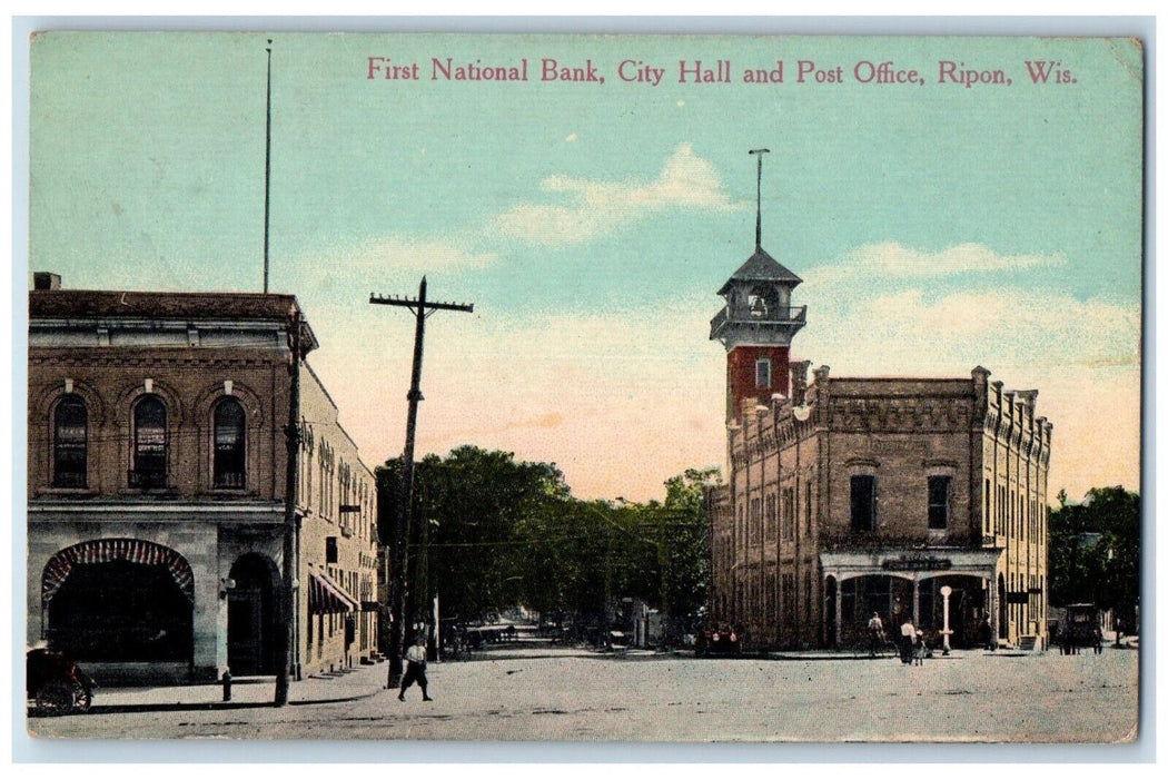 1914 First National Bank City Hall Post Office Church Ripon Wisconsin Postcard