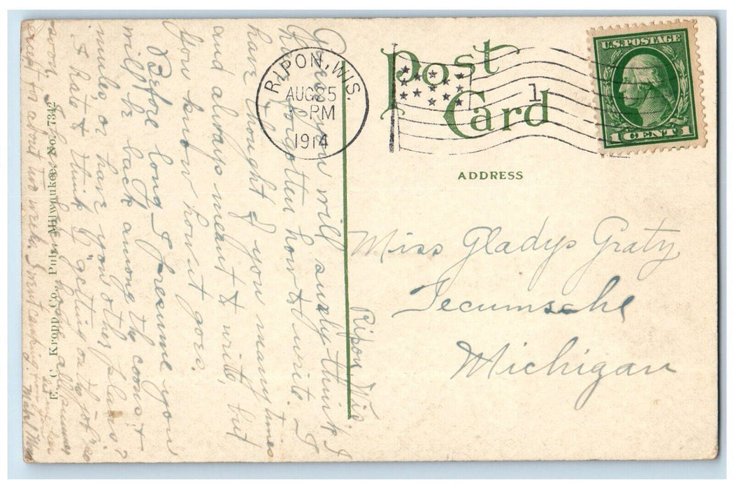 1914 First National Bank City Hall Post Office Church Ripon Wisconsin Postcard