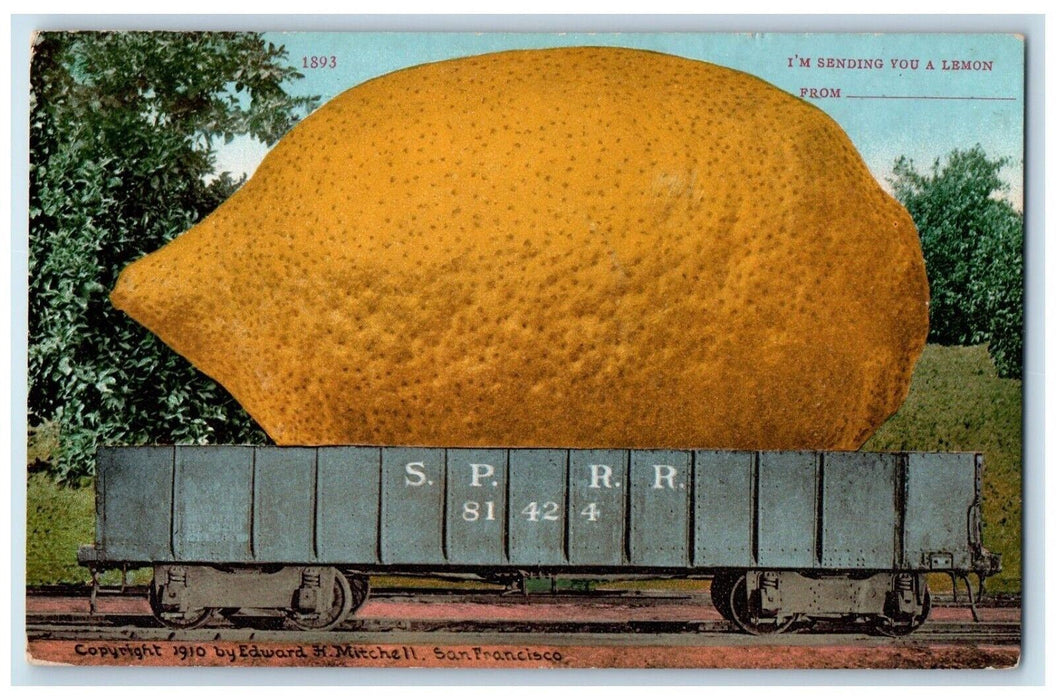 c1910 Im Sending You A Lemon From SP RR Exaggerated Railway Trolley CA Postcard