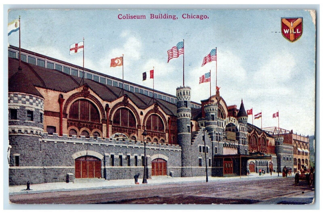 1910 Coliseum Building American Flag Carriage Street Chicago Illinois Postcard