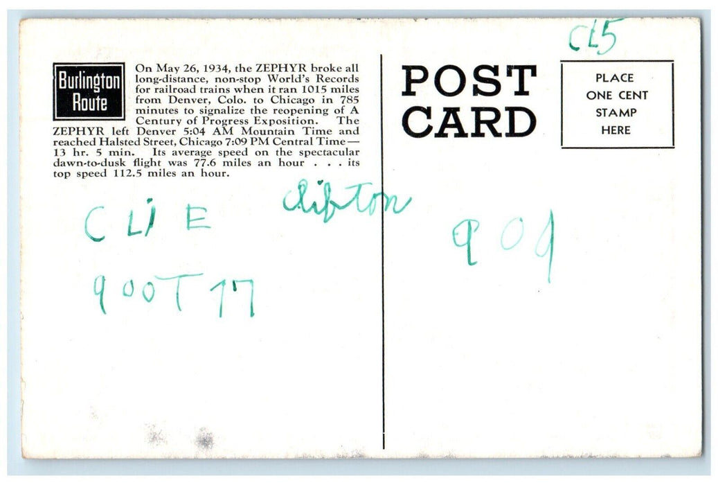 1934 Burlington Zephyr Century Progress Exposition Chicago Illinois IL  Postcard