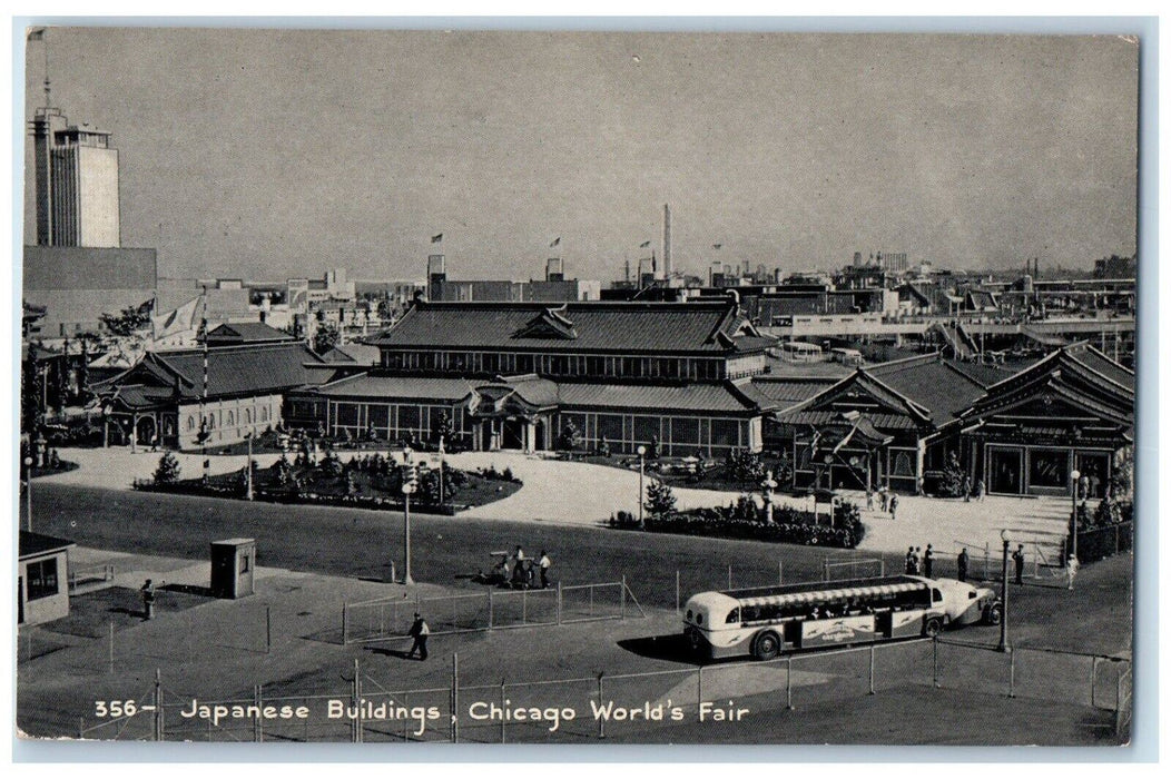 1933 Japanese Buildings Bus Street Amusement Park Chicago Worlds Fair Postcard