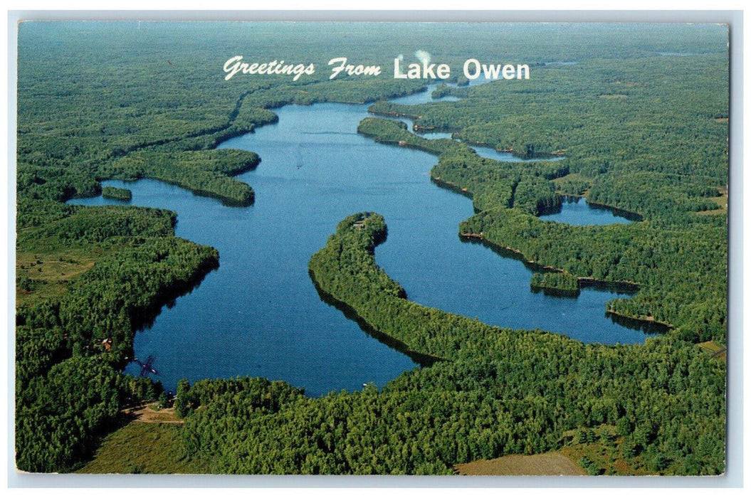 1974 Aerial View, Resorts, Greetings from Lake Owen, Cable Wisconsin WI Postcard