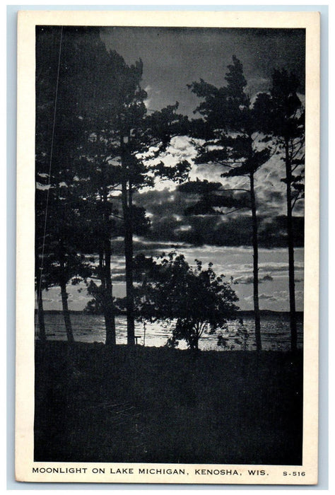 c1940's Moonlight on Lake Michigan Kenosha Wisconsin WI Vintage Postcard