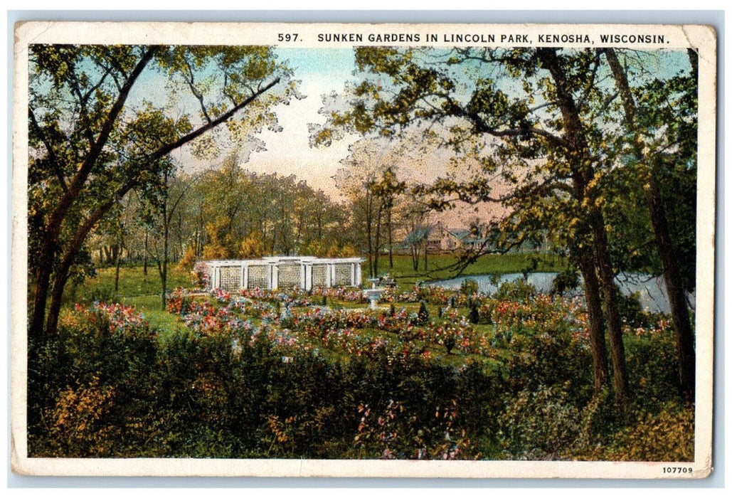 1927 Sunken Gardens In Lincoln Park Kenosha Wisconsin WI Vintage Postcard