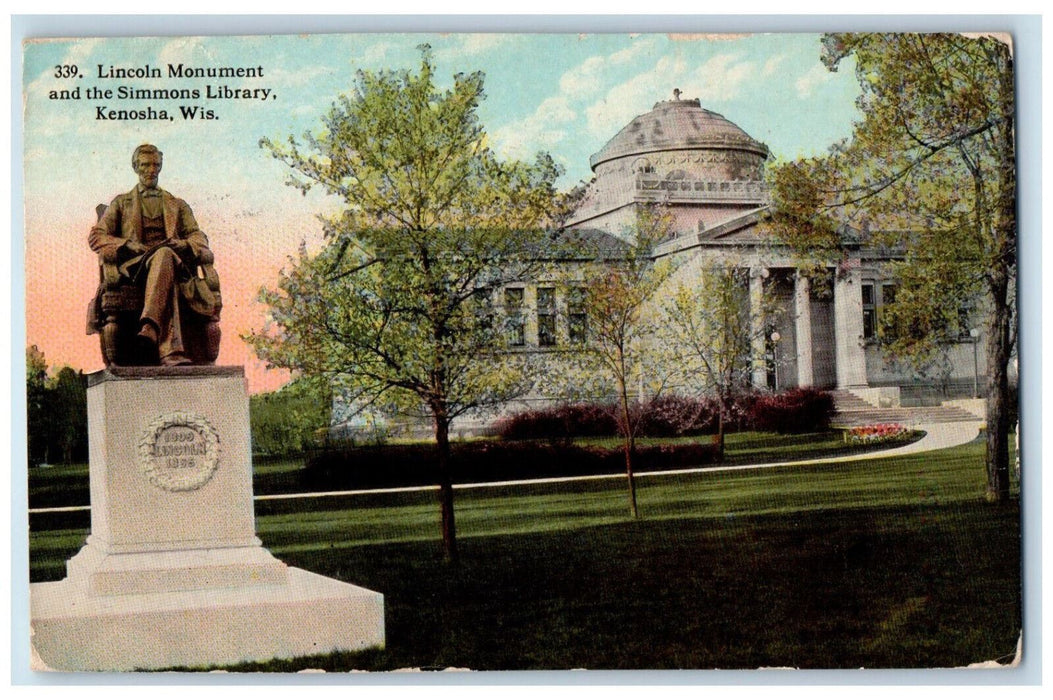 1916 Lincoln Monument and the Simmons Library, Kenosha Wisconsin WI Postcard