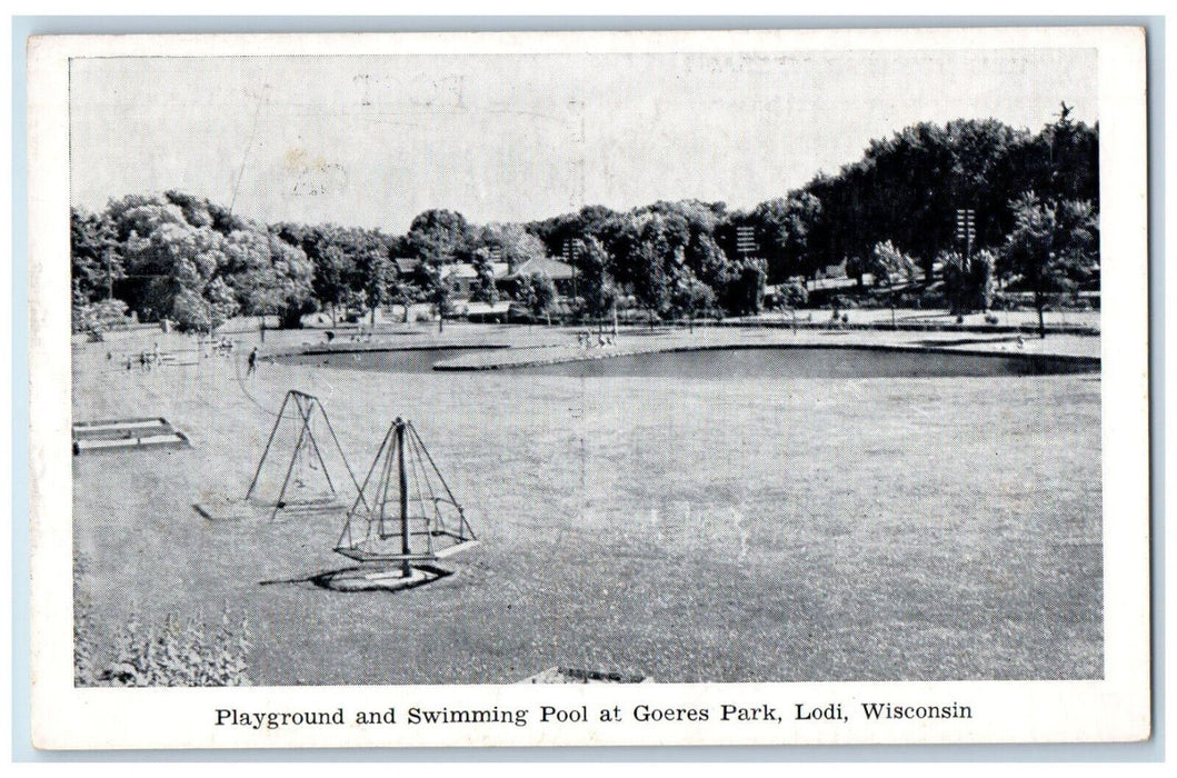 c1940's Playground and Swimming Pool at Goeres Park Lodi Wisconsin WI Postcard