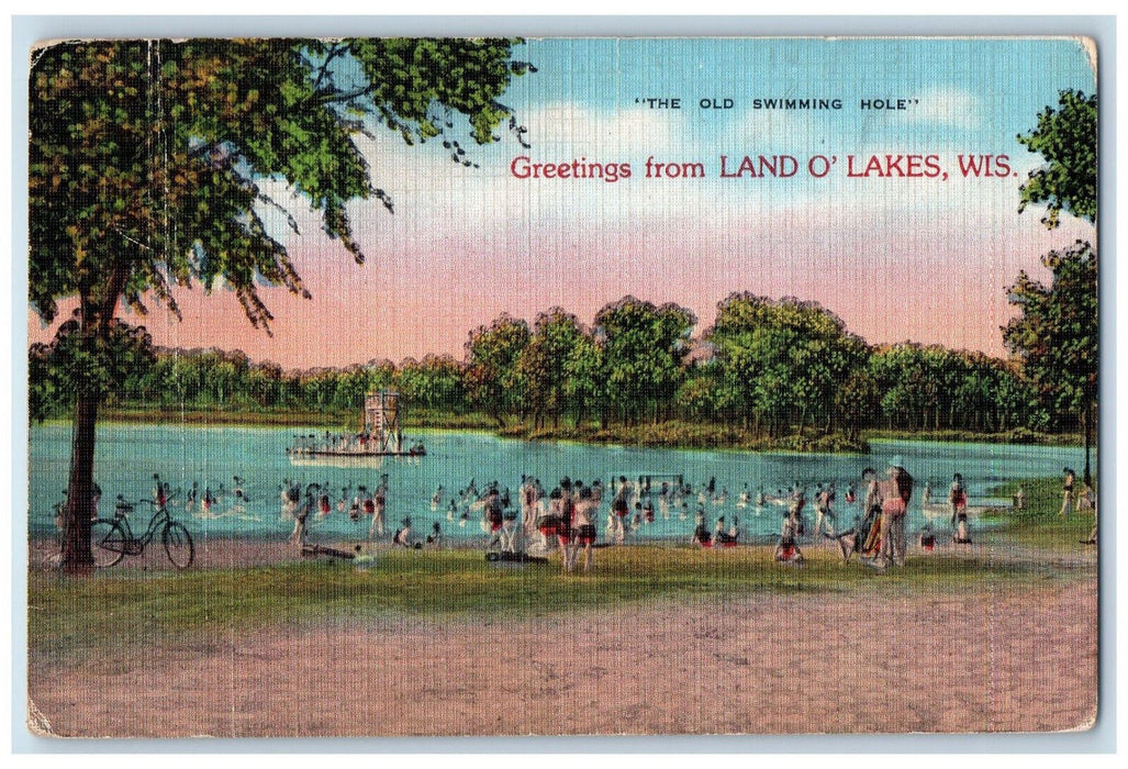 1945 "The Old Swimming Hole" Greetings from Land o Lakes Wisconsin WI Postcard