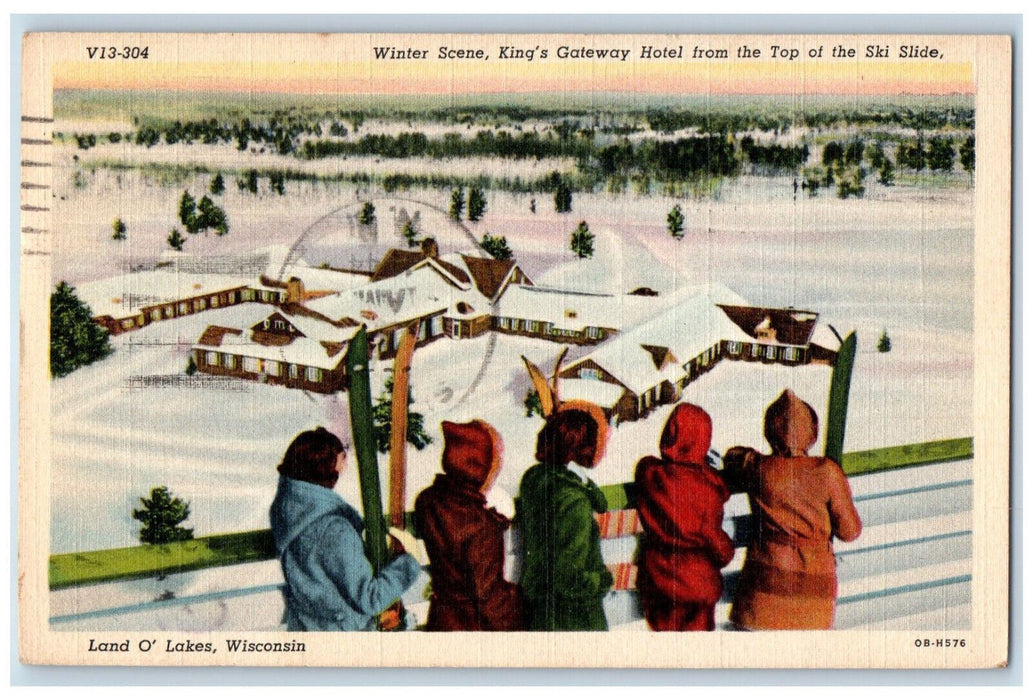 1943 Winter Scene, King's Gateway Hotel, Land o Lakes Wisconsin WI Postcard