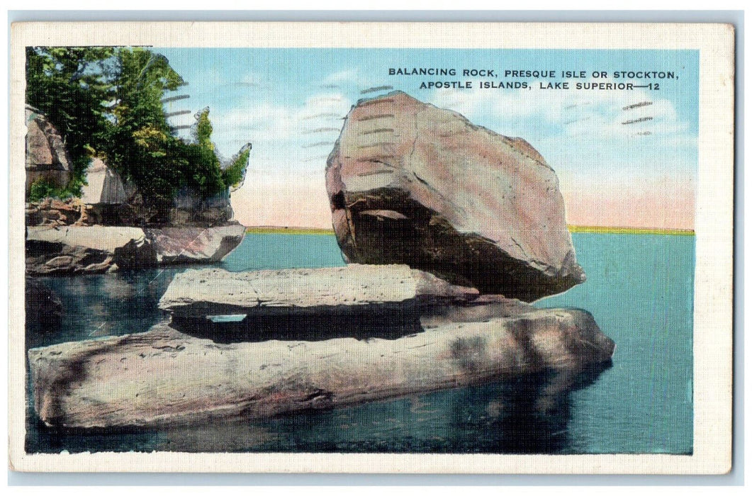 1940 Balancing Rock Presque Isle or Stockton Lake Superior Wisconsin WI Postcard