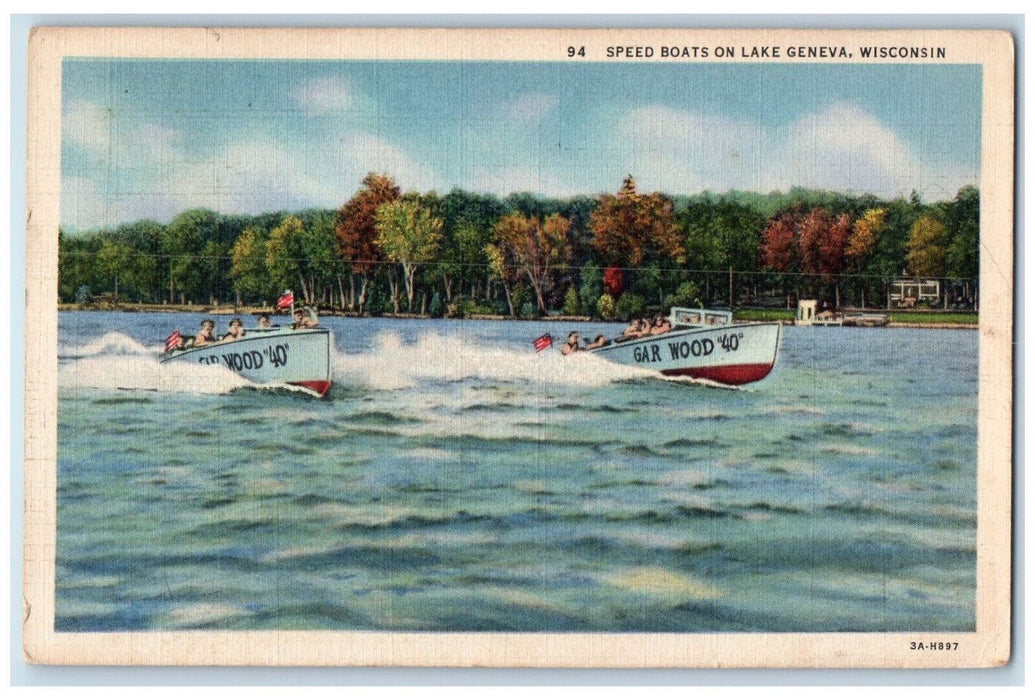 c1930's Speed Boats on Lake Geneva Wisconsin WI Vintage Posted Postcard