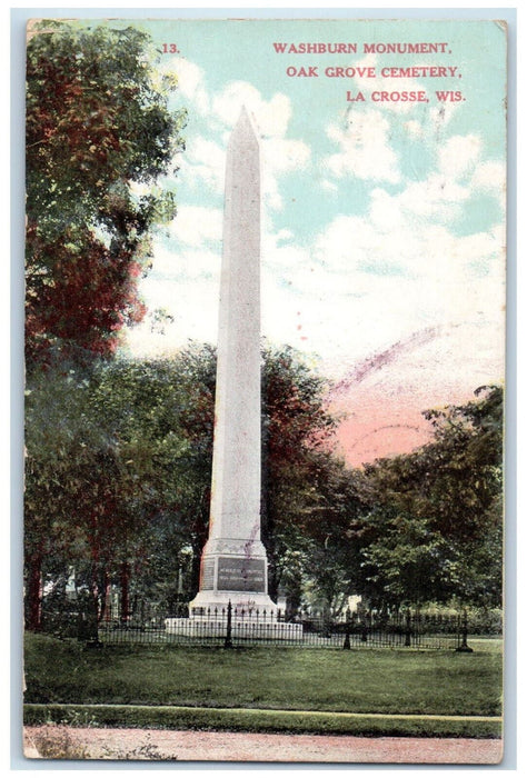 1910 Washburn Monument Oak Grove Cemetery La Crosse Wisconsin WI Postcard