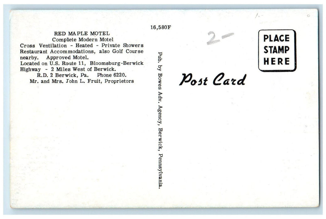 c1950's Red Maple Motel, Berwick Pennsylvania PA Vintage Unposted Postcard