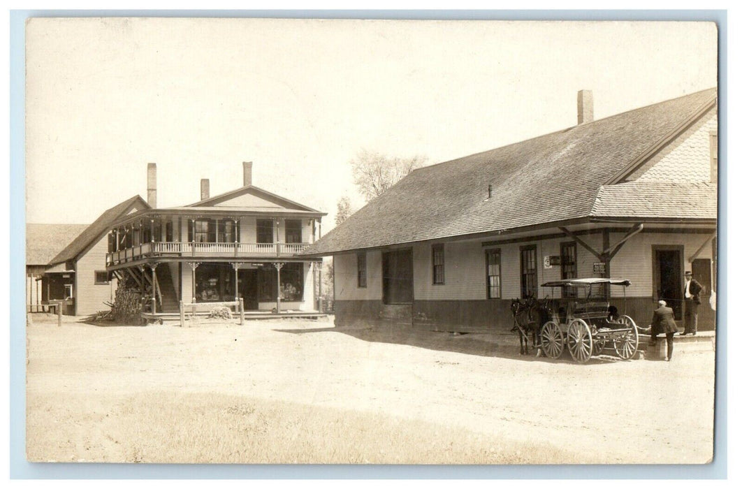 c1910 Post Office Train Station Depot Horse Buggy RPPC Photo Postcard
