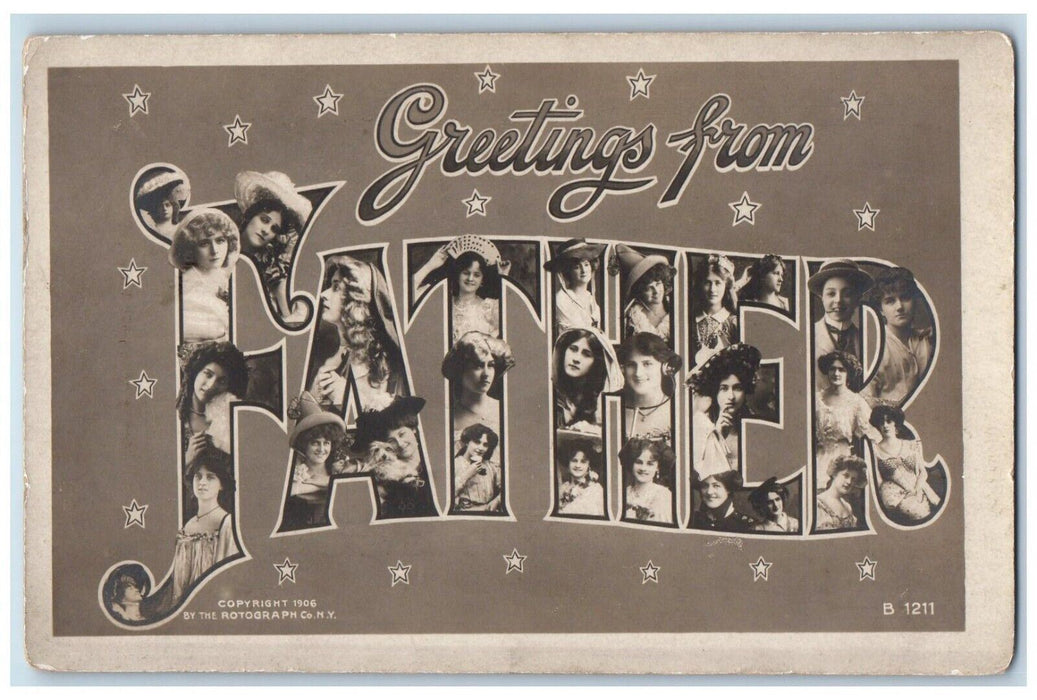 c1906 Greetings From Father Large Letter Girls Rotograph RPPC Photo Postcard
