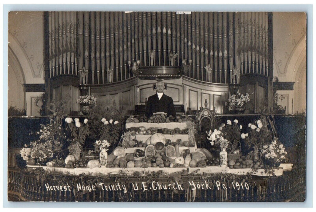 1910 Harvest Home Trinity U.E. Church Interior Organ York Pa RPPC Photo Postcard
