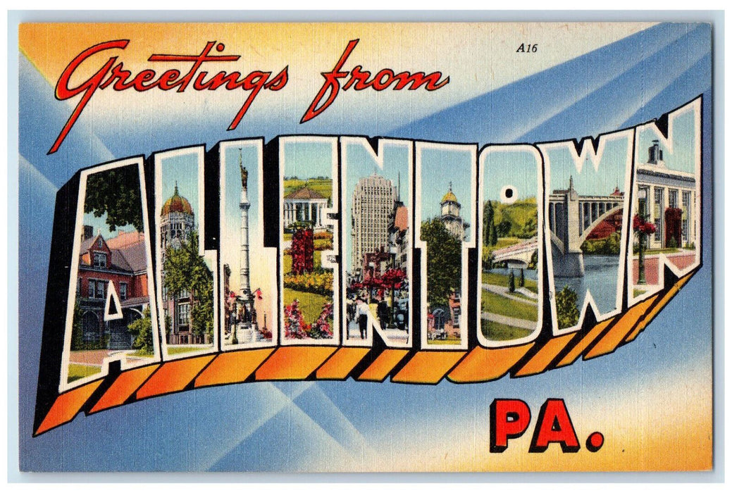 c1950's Big Letters, Greetings from Allentown Pennsylvania PA Postcard
