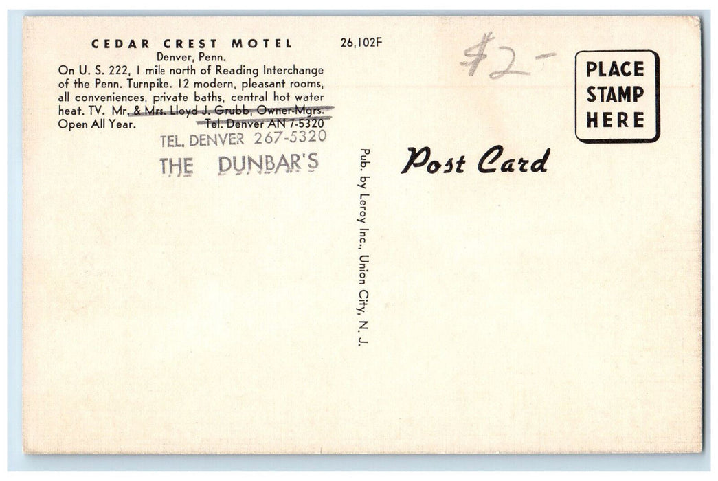 c1940's View of Entrance, Cedar Crest Motel, Denver Pennsylvania PA Postcard