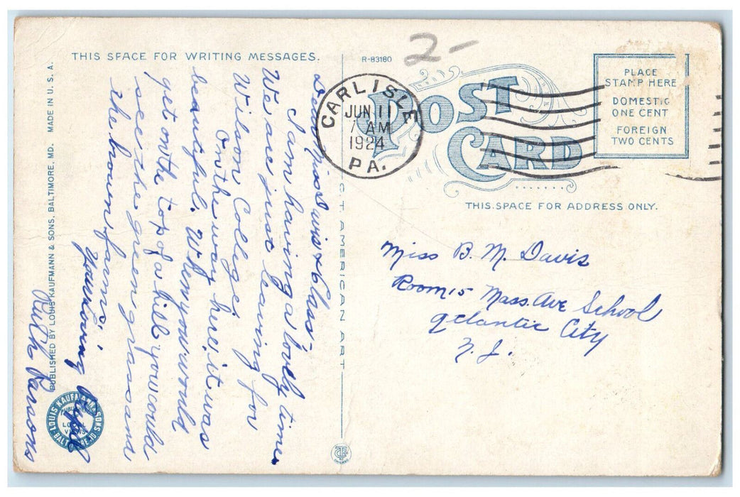 1924 "Old West Building" Dickinson College Carisle Pennsylvania PA Postcard