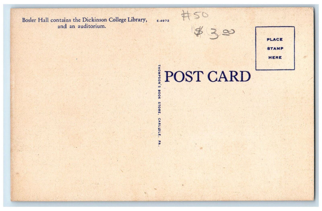 c1950's Bosler Hall, Dickinson College Carlisle Pennsylvania PA Vintage Postcard