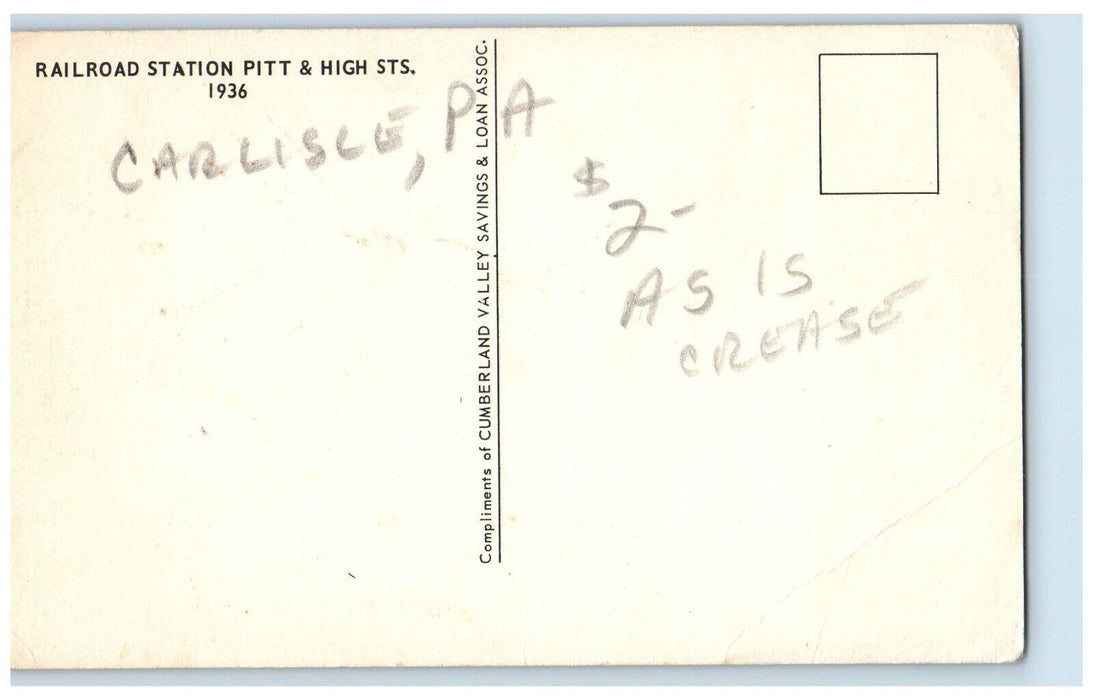 c1940's Railroad Station Pitt & High Sts. Carisle PA Unposted Postcard