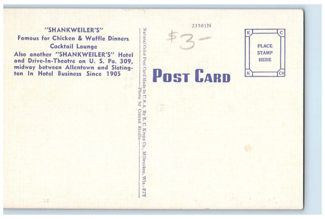 c1950's Shankweiler's Hotel Restaurant Near Fogelsville Pennsylvania PA Postcard
