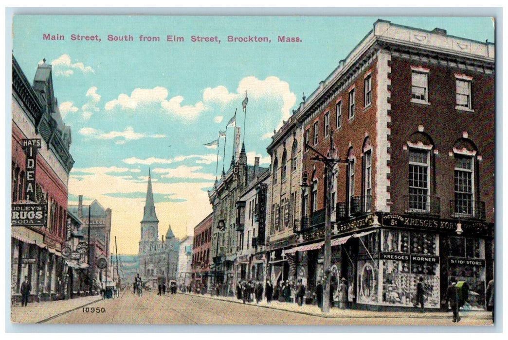 c1910 Kreges Corner, Drugstore Main St Brockton Massachusetts MA Postcard