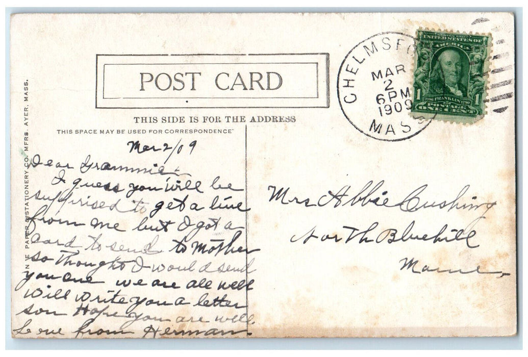 1909 Town Hall and Common Chelmsford Center, Massachusetts MA Antique Postcard