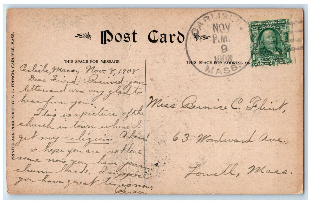 1908 Congregational Church Carisle Massachusetts MA Antique Postcard