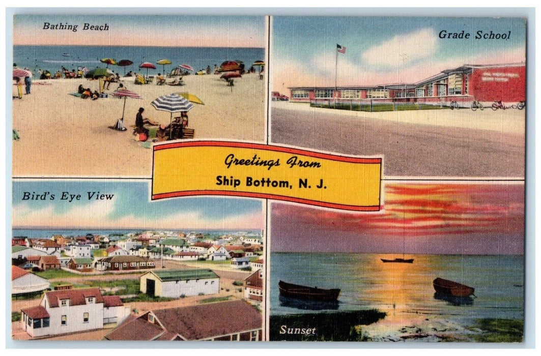 1954 Greetings From Ship Bottom New Jersey Banner Barnegat Light NJ Postcard