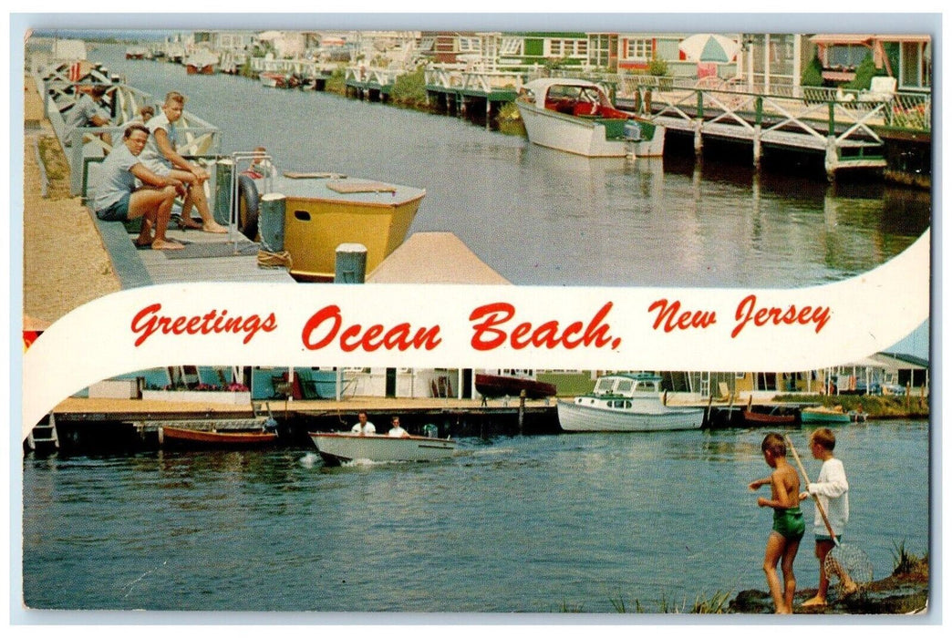 c1960 Greetings from Ocean Beach New Jersey Banner NJ Vintage Antique Postcard