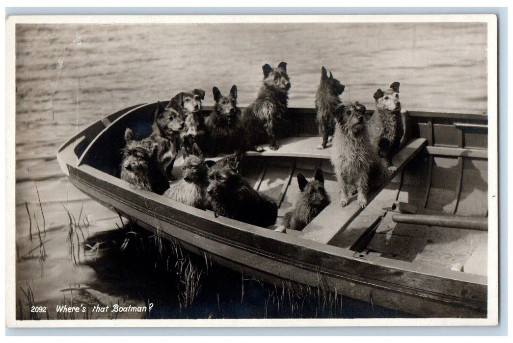 c1930's Terrier Dogs Boat Lake "Where's That Boatman?" RPPC Photo Postcard