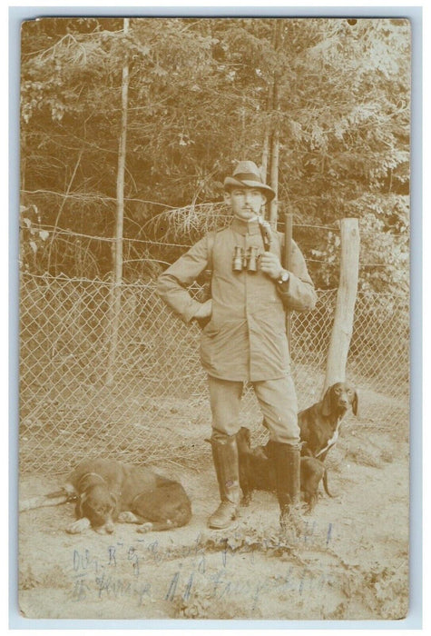 1915 Hunter Smoking Pipe Dog Gun Ortelsburg Germany Poland RPPC Photo Postcard