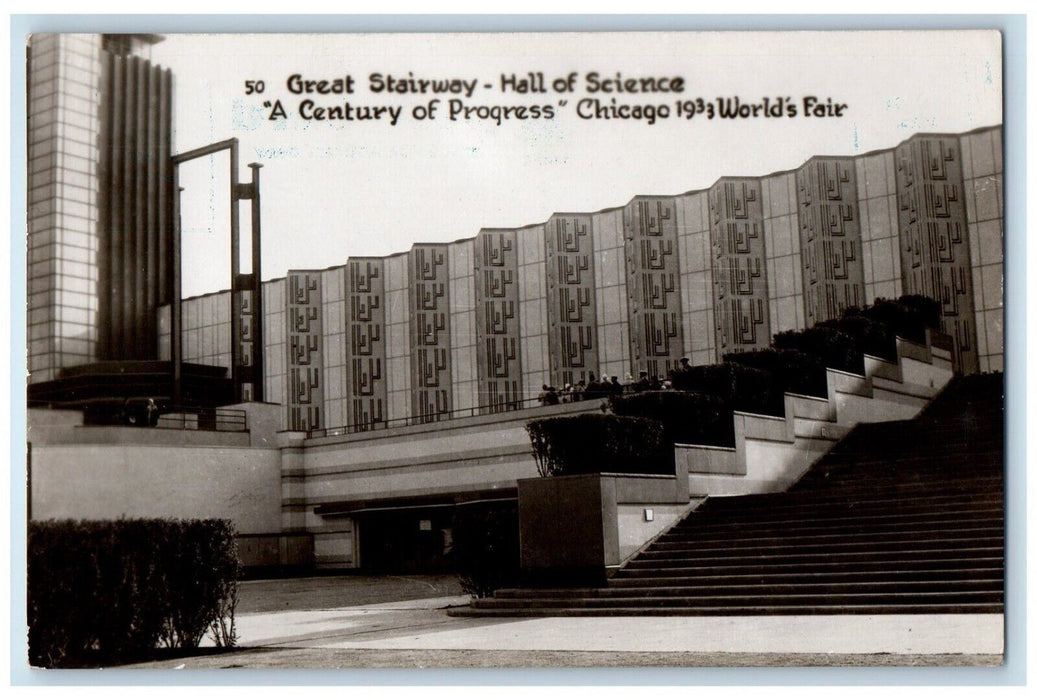 1933 Great Stairway Hall Of Science Chicago World's Fair IL RPPC Photo Postcard
