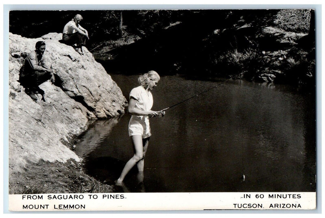 c1950's Mount Lemmon Fishing Beautiful Woman Men Tucson AZ RPPC Photo Postcard