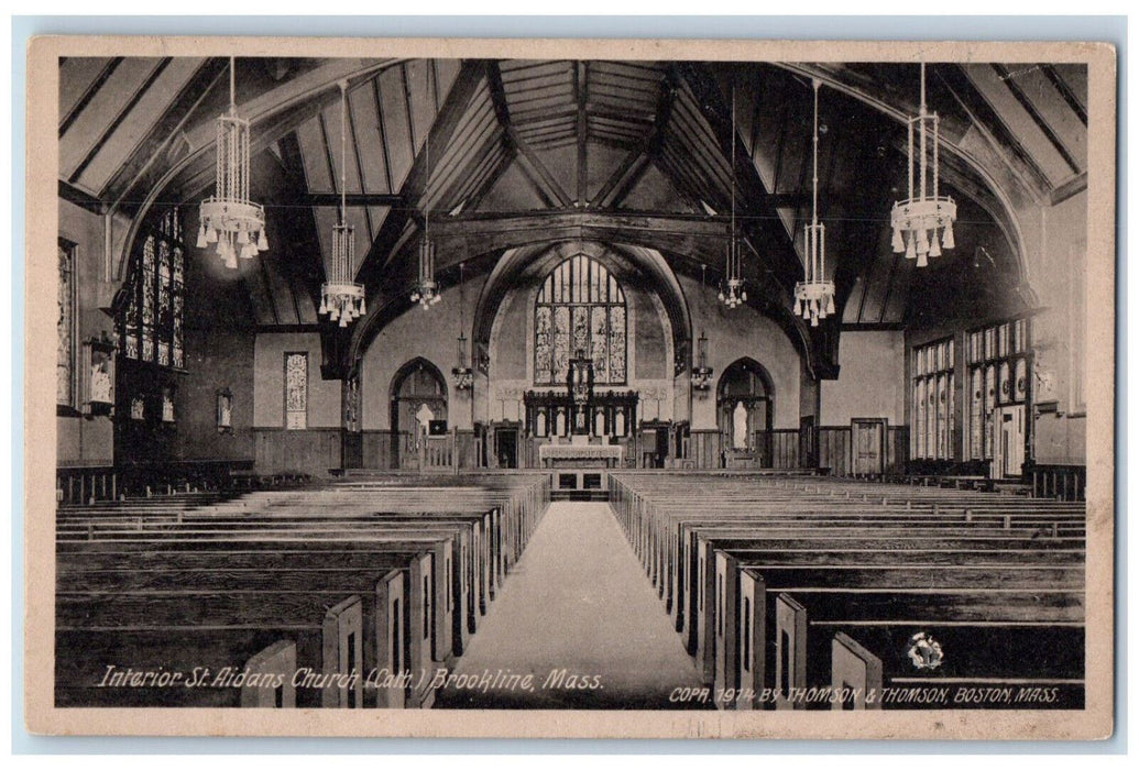 c1910 Interior, Chandelier St. Aidans Church Brookline Massachusetts MA Postcard