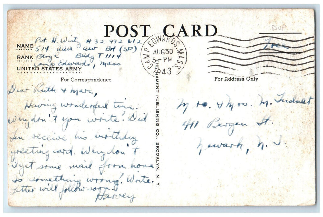 1943 Parking Area, A Section Camp Edwards Massachusetts MA Vintage Postcard